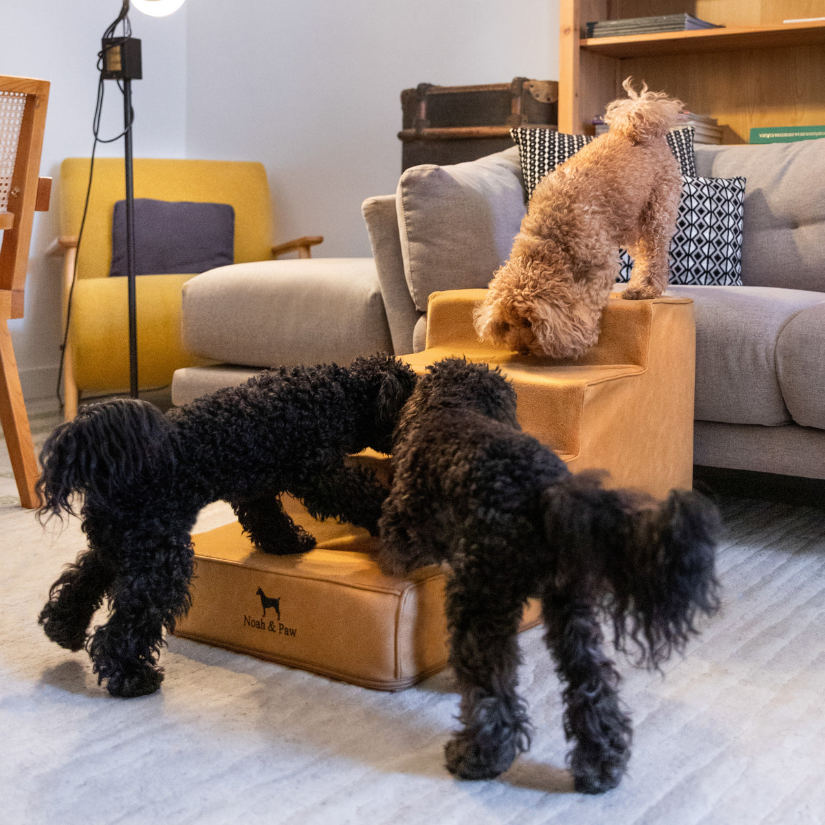 Noah & Paw luxury dog stairs for bed in faux leather, camel, 4 steps