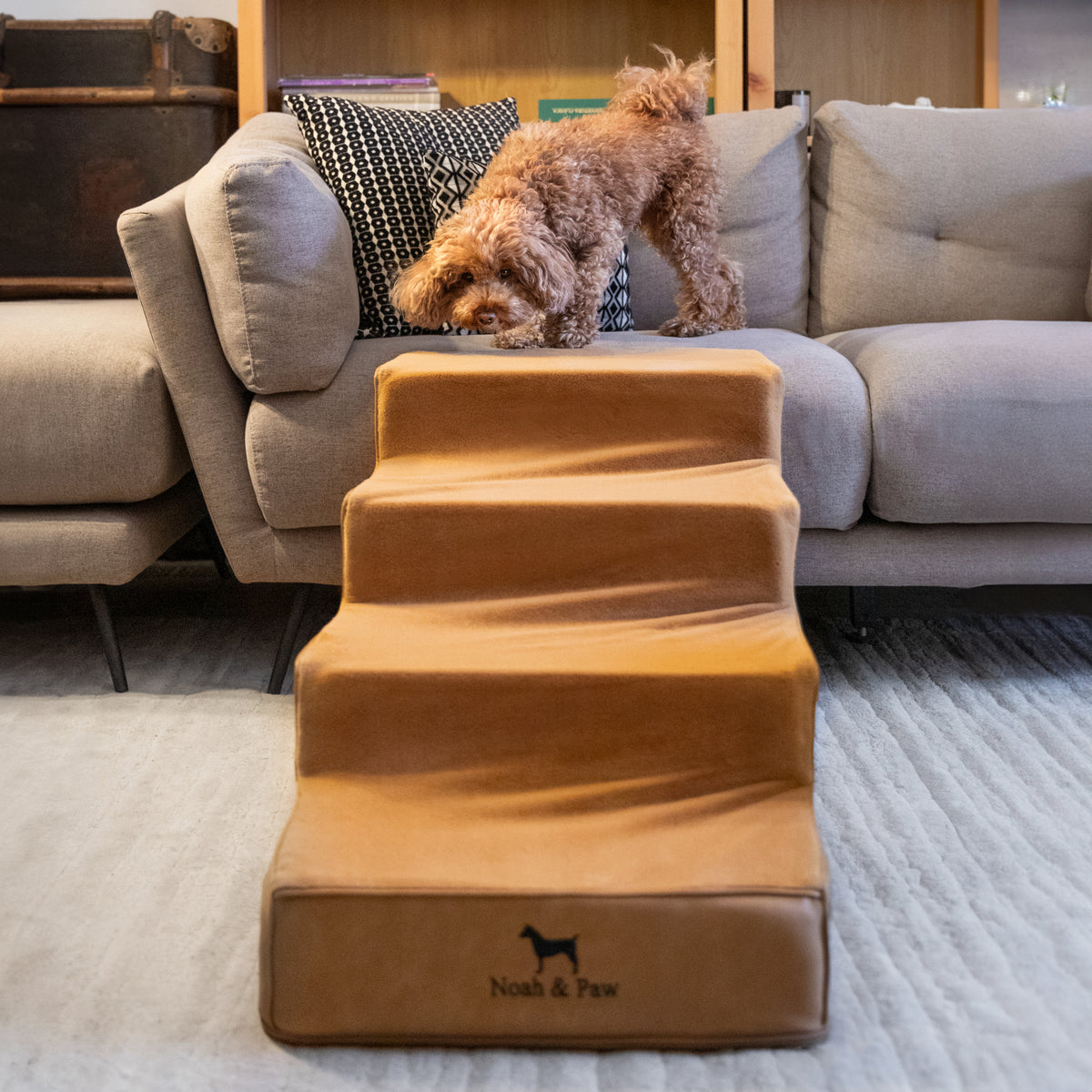 Noah & Paw luxury dog stairs for bed in faux leather, camel, 4 steps