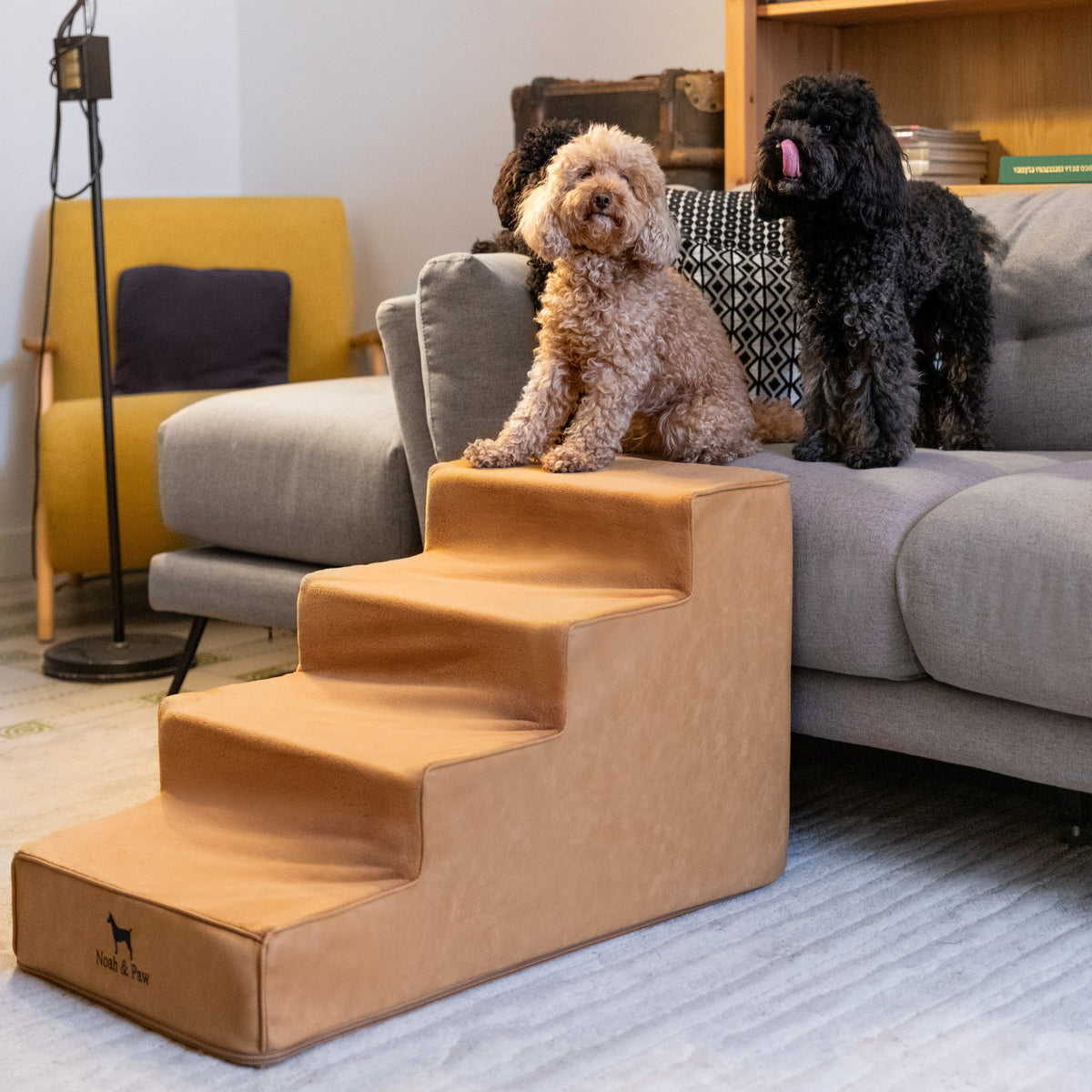 Noah & Paw luxury dog stairs for bed in faux leather, camel, 4 steps