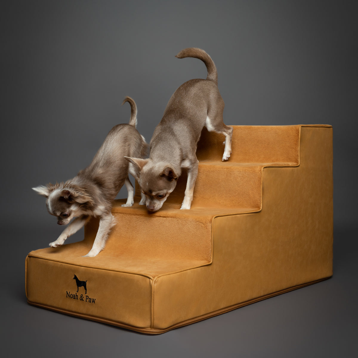 Noah & Paw luxury dog stairs for bed in faux leather, camel, 4 steps