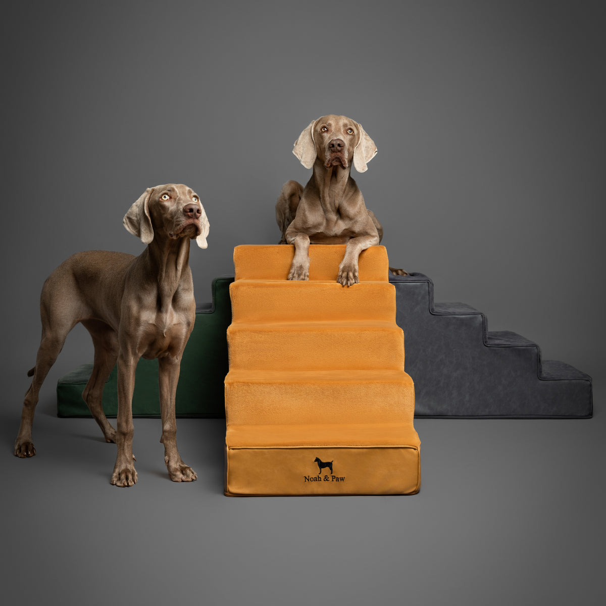 Noah & Paw luxury dog stairs for bed in faux leather, camel, 5 steps