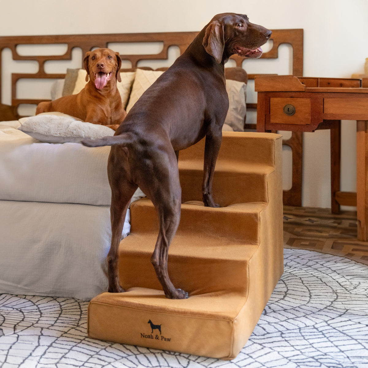 Noah & Paw luxury dog stairs for bed in faux leather, camel, 5 steps