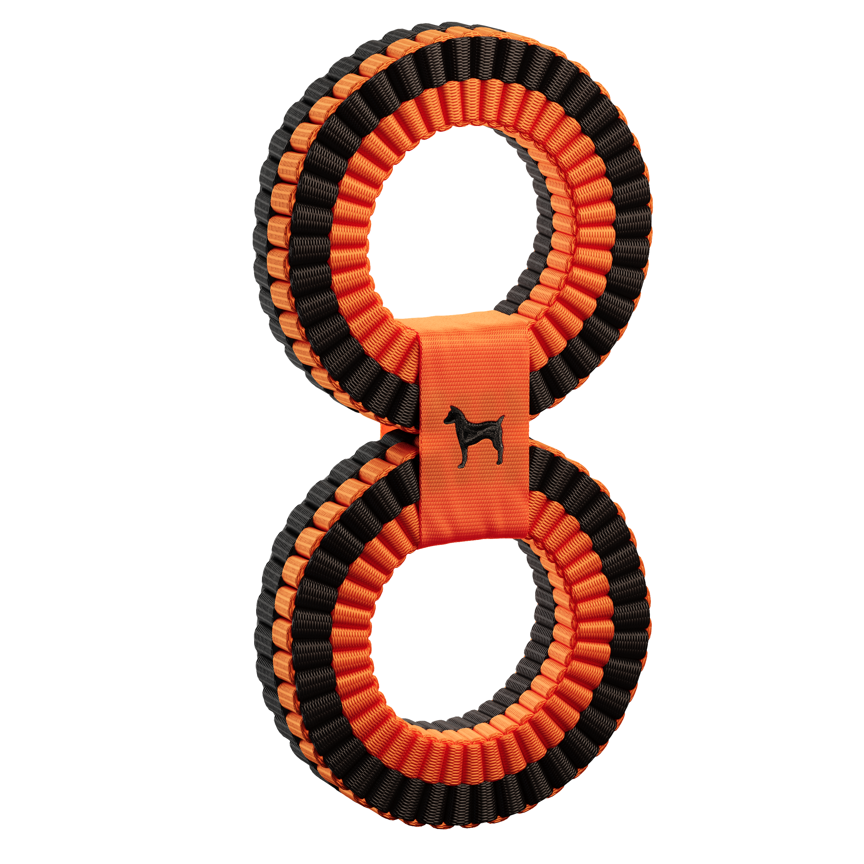 An orange and black dog tug toy shaped like an infinity symbol, featuring textured rubber bands and a central orange fabric loop with a black dog silhouette logo, isolated on a white background.