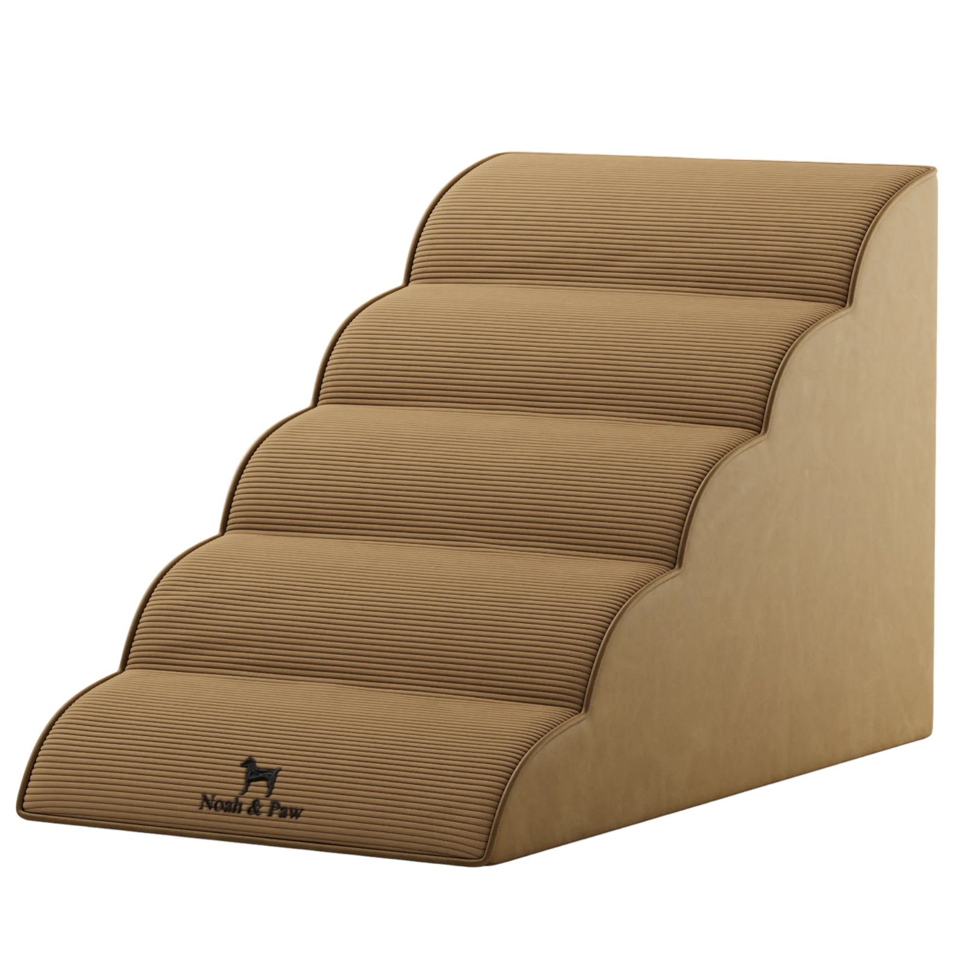 A four-step dog ramp with a ribbed, textured surface in a warm tan-brown color, featuring the 'Nook & Paw' brand logo on the bottom step, set against a plain white background.