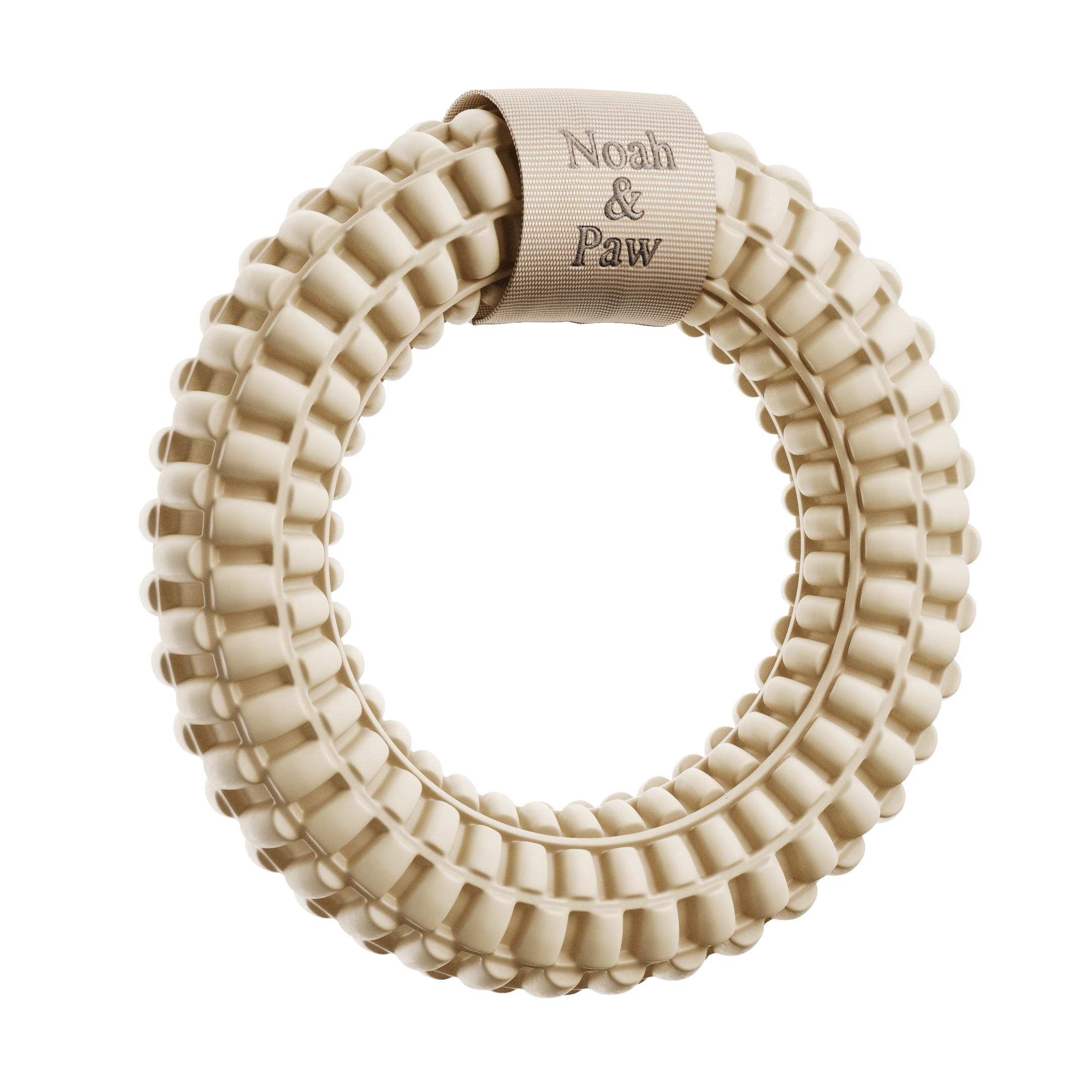 A beige textured dog chew toy shaped like a ring with a leather strap engraved with the names 'Noah & Paw', shown on a solid white background.