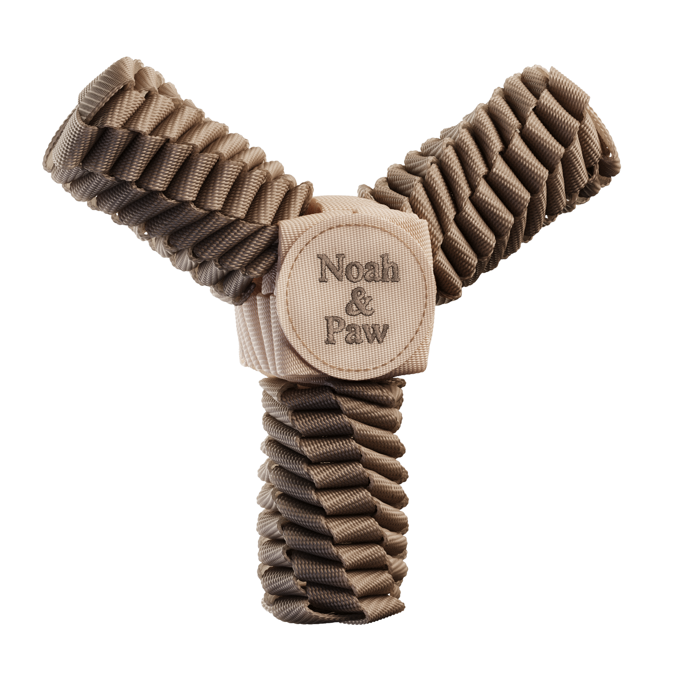 A Y-shaped dog toy made of textured, ribbed material in shades of taupe and brown, with a central square beige tag engraved with 'Noah & Paw