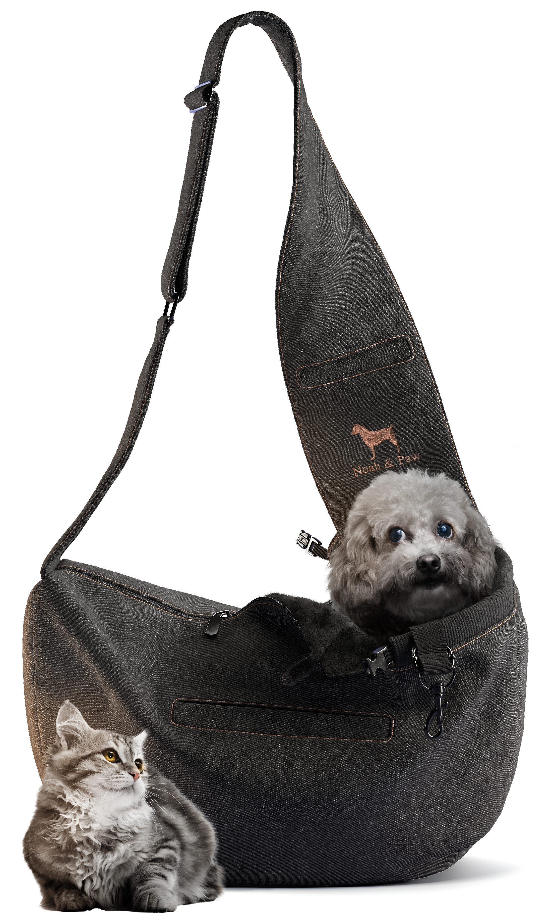 Dog Sling Carrier Black Denim - Zipper