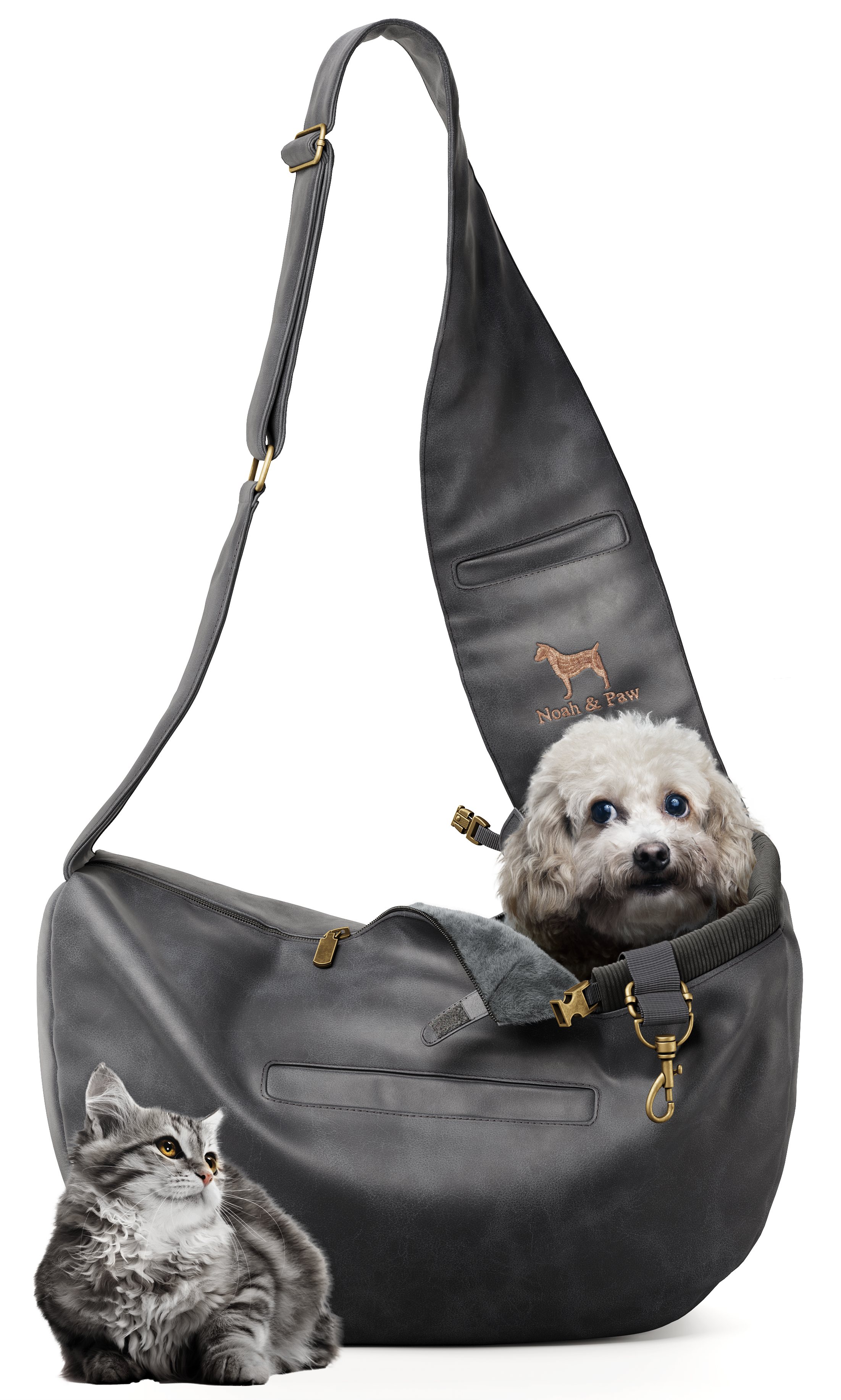 Dog Sling Carrier Black Leather - Zipper